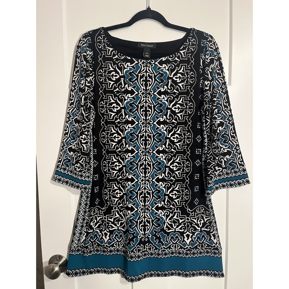 White House Black Market WHBM Medallion Print Tunic Dress Black Teal Women M